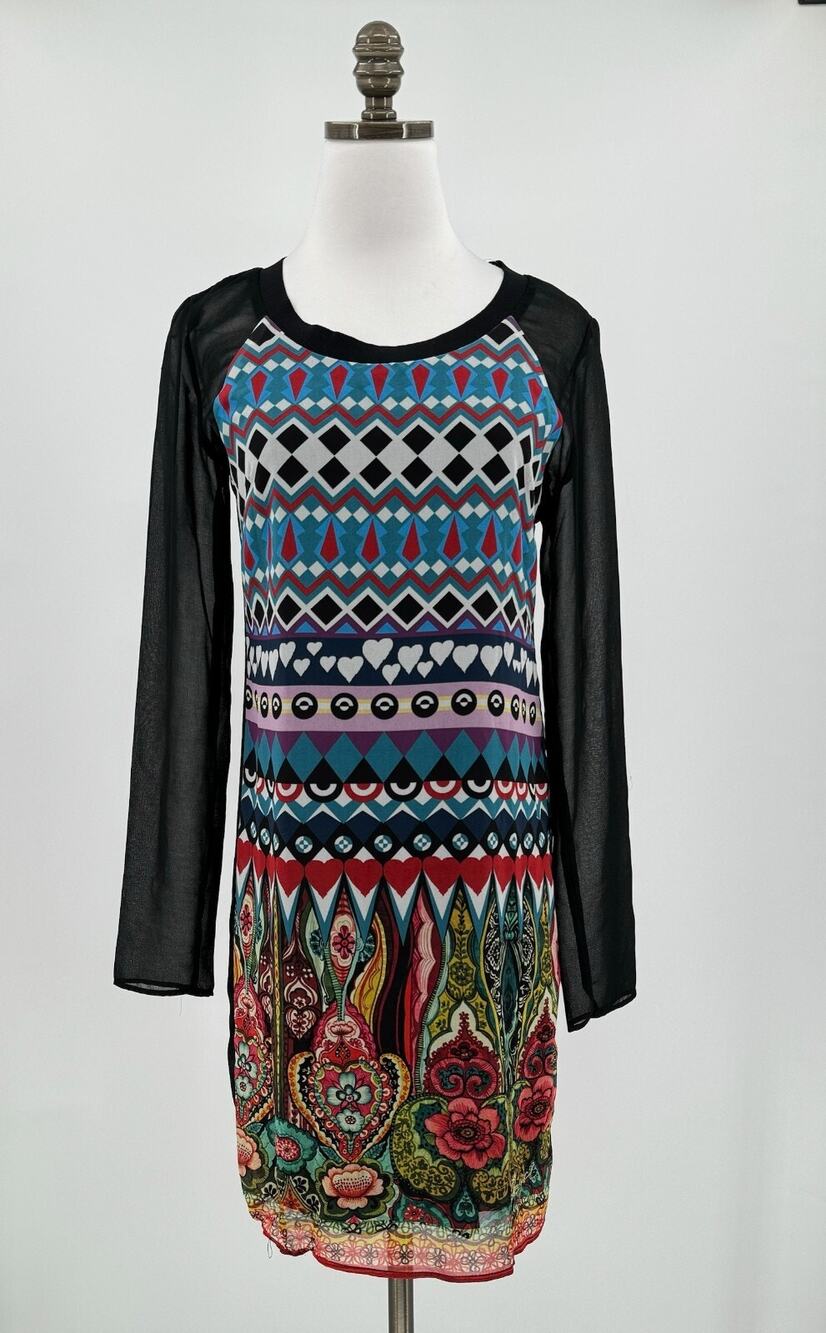 Desigual Womens Black Stripe Abstract Printed Tunic Dress Sz 36 Small